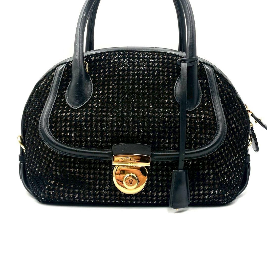 Ferragamo Fiamma 2-Way Handbag Black Lame Glitter Mint #QY6WP7