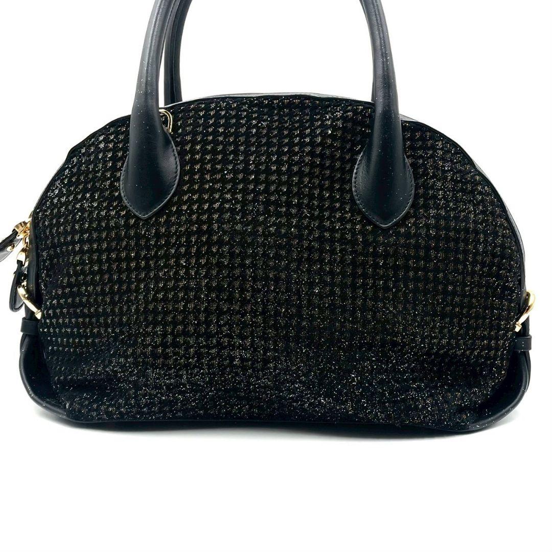 Ferragamo Fiamma 2-Way Handbag Black Lame Glitter Mint #QY6WP7
