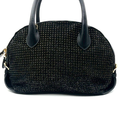 Ferragamo Fiamma 2-Way Handbag Black Lame Glitter Mint #QY6WP7