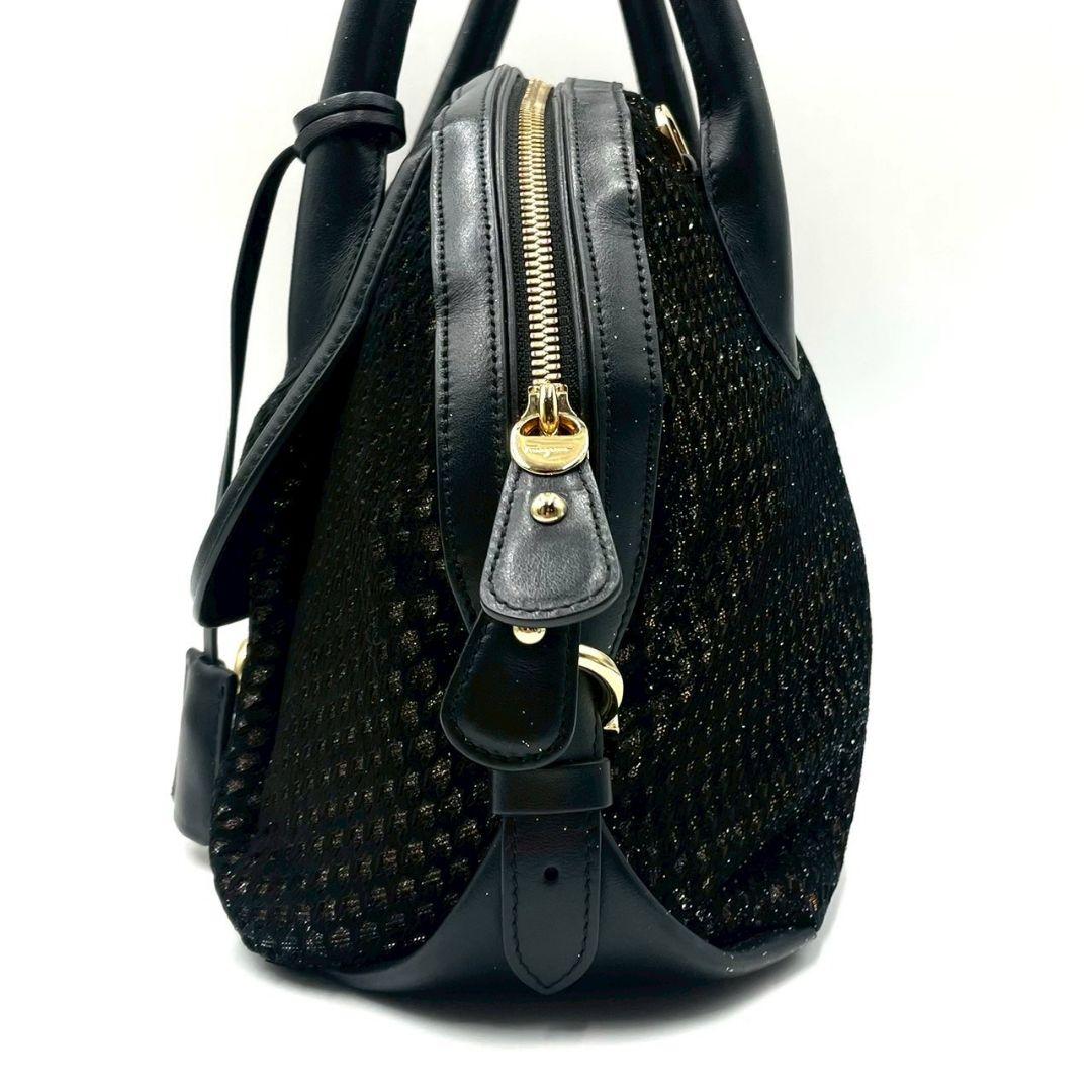 Ferragamo Fiamma 2-Way Handbag Black Lame Glitter Mint #QY6WP7