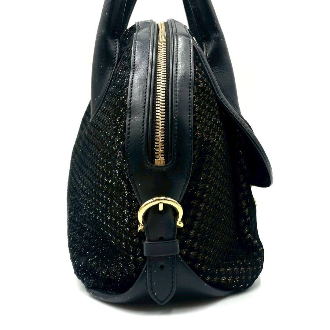 Ferragamo Fiamma 2-Way Handbag Black Lame Glitter Mint #QY6WP7