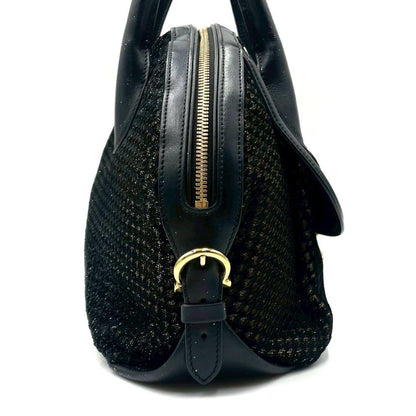 Ferragamo Fiamma 2-Way Handbag Black Lame Glitter Mint #QY6WP7