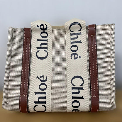 CHLOE Woody Small Linen Tote Bag Calfskin Trim Authentic #QY25H0