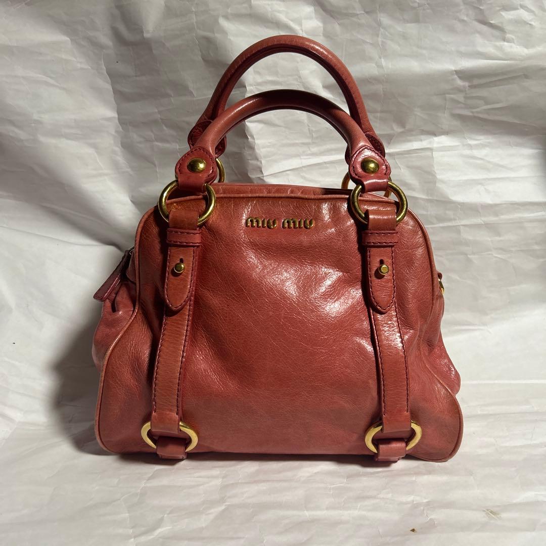 MIU MIU Salmon Pink Leather 2WAY Handbag Shoulder Zip Pockets #QYBMEK