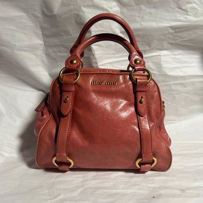 MIU MIU Salmon Pink Leather 2WAY Handbag Shoulder Zip Pockets #QYBMEK