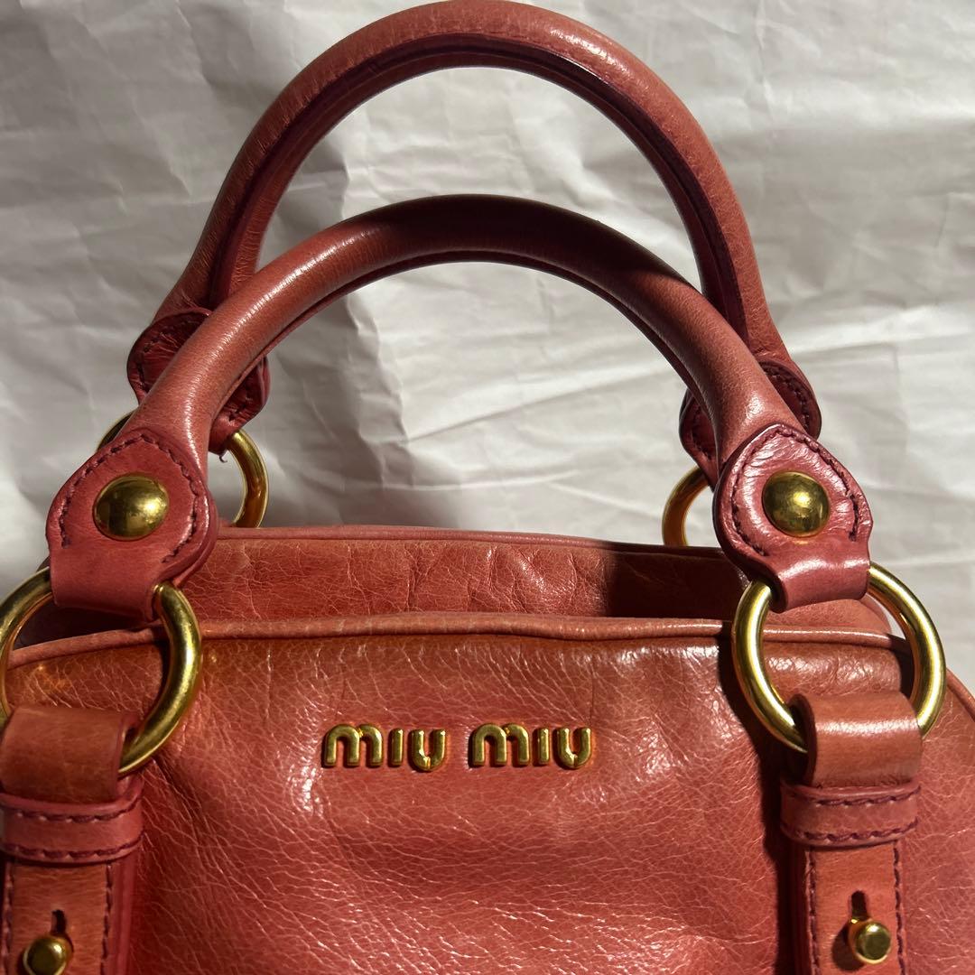 MIU MIU Salmon Pink Leather 2WAY Handbag Shoulder Zip Pockets #QYBMEK