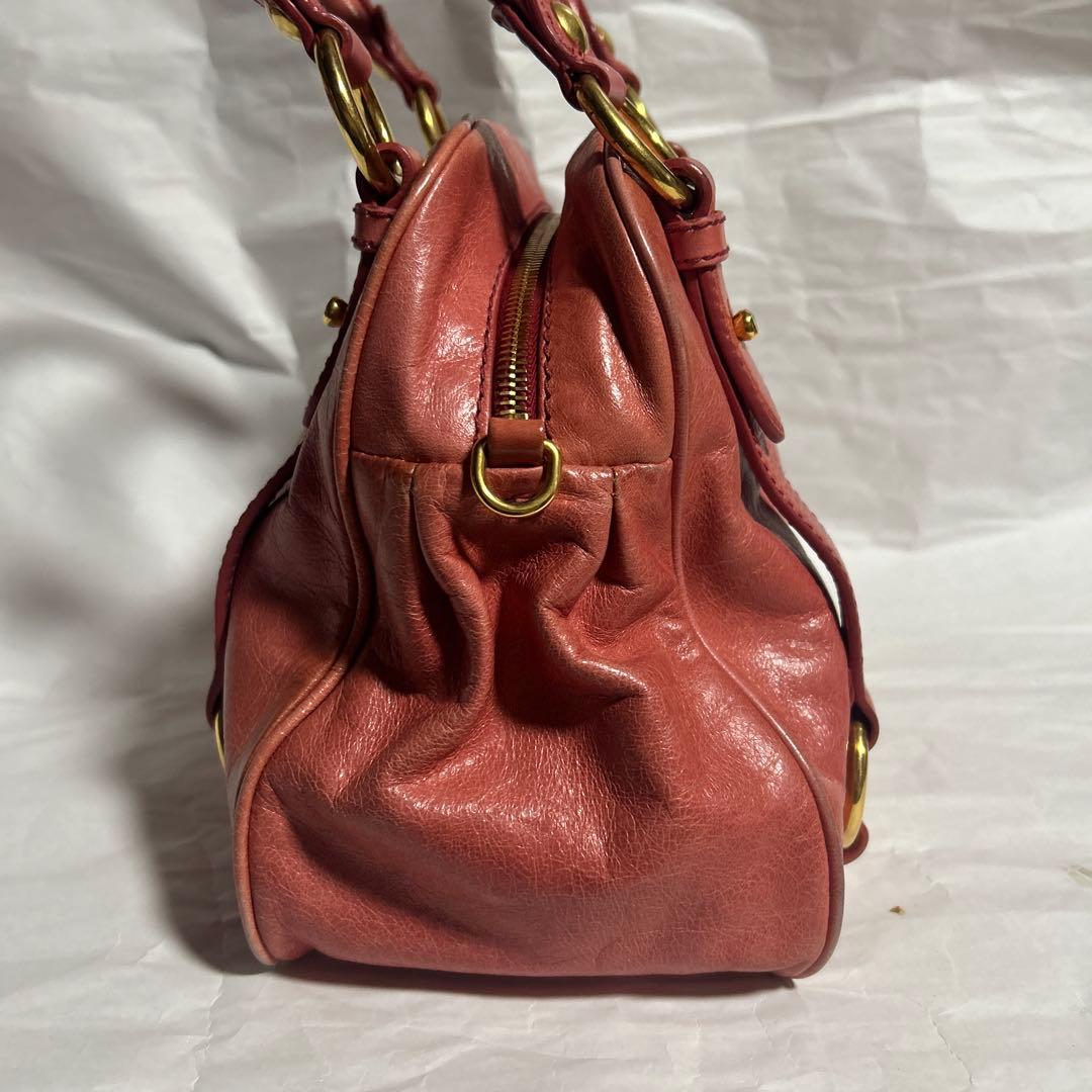 MIU MIU Salmon Pink Leather 2WAY Handbag Shoulder Zip Pockets #QYBMEK
