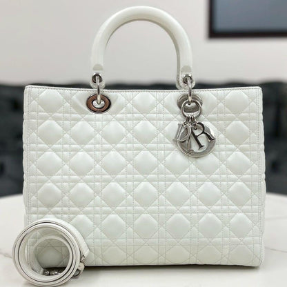 Christian Dior Lady Dior Large White Lambskin 2Way Handbag #QYI9A5
