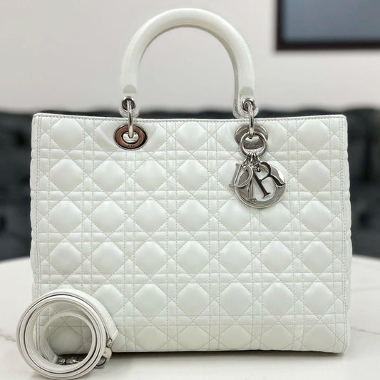 Christian Dior Lady Dior Large White Lambskin 2Way Handbag #QYI9A5