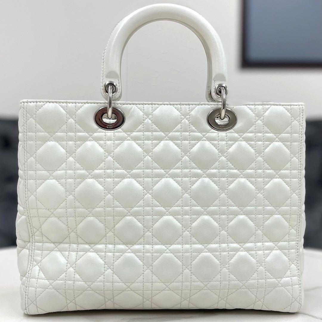 Christian Dior Lady Dior Large White Lambskin 2Way Handbag #QYI9A5