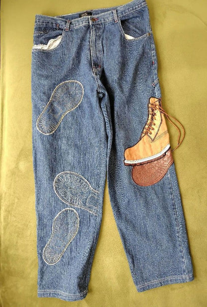 Boots, embroidered denim pants #QY2LSP