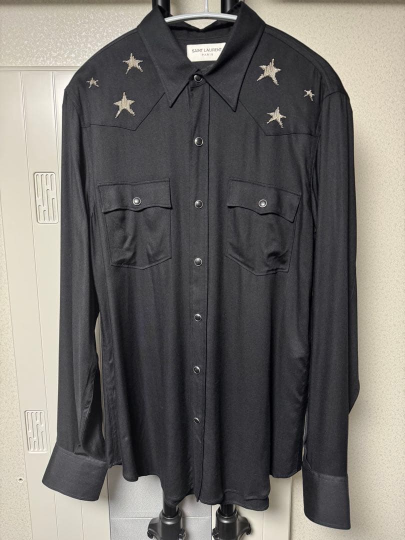 Saint Laurent Paris Hedi Silver Star Print Black Shirt #QYESQA