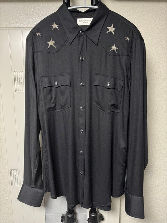 Saint Laurent Paris Hedi Silver Star Print Black Shirt #QYESQA