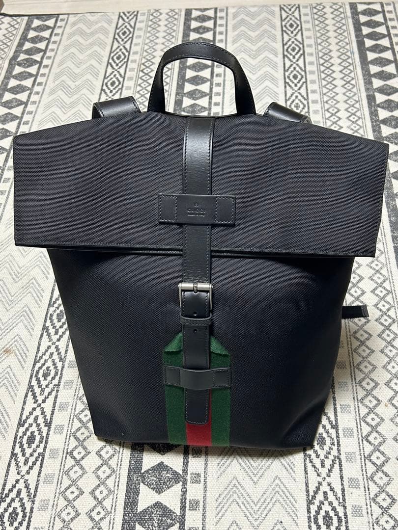 GUCCI Shelly Web Line Backpack Canvas Black Green #QYE5H3