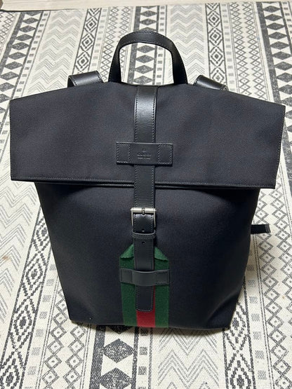 GUCCI Shelly Web Line Backpack Canvas Black Green #QYE5H3