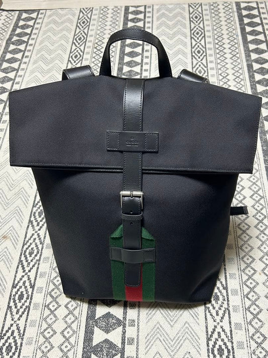 GUCCI Shelly Web Line Backpack Canvas Black Green #QYE5H3