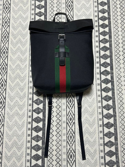 GUCCI Shelly Web Line Backpack Canvas Black Green #QYE5H3