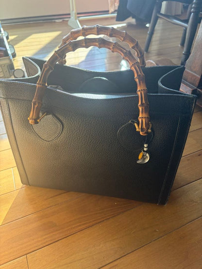 GUCCI Bamboo Handle Black Leather Handbag Gold Charm #QYAR3B