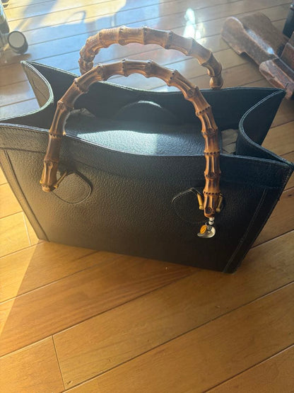 GUCCI Bamboo Handle Black Leather Handbag Gold Charm #QYAR3B