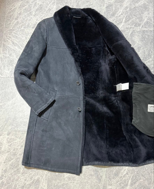 EMMETI Mouton Fur Leather Shawl Collar Coat Size 44 #QY7306