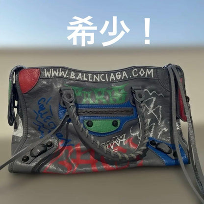 BALENCIAGA Graffiti Print 2-Way Grey Leather Handbag #QYGIYU