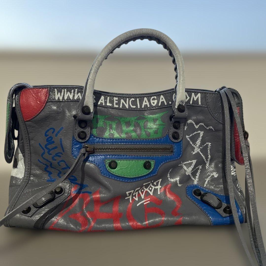 BALENCIAGA Graffiti Print 2-Way Grey Leather Handbag #QYGIYU