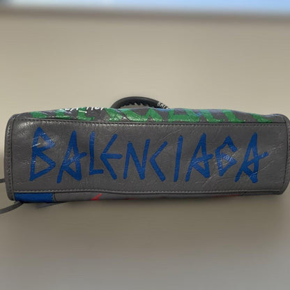 BALENCIAGA Graffiti Print 2-Way Grey Leather Handbag #QYGIYU