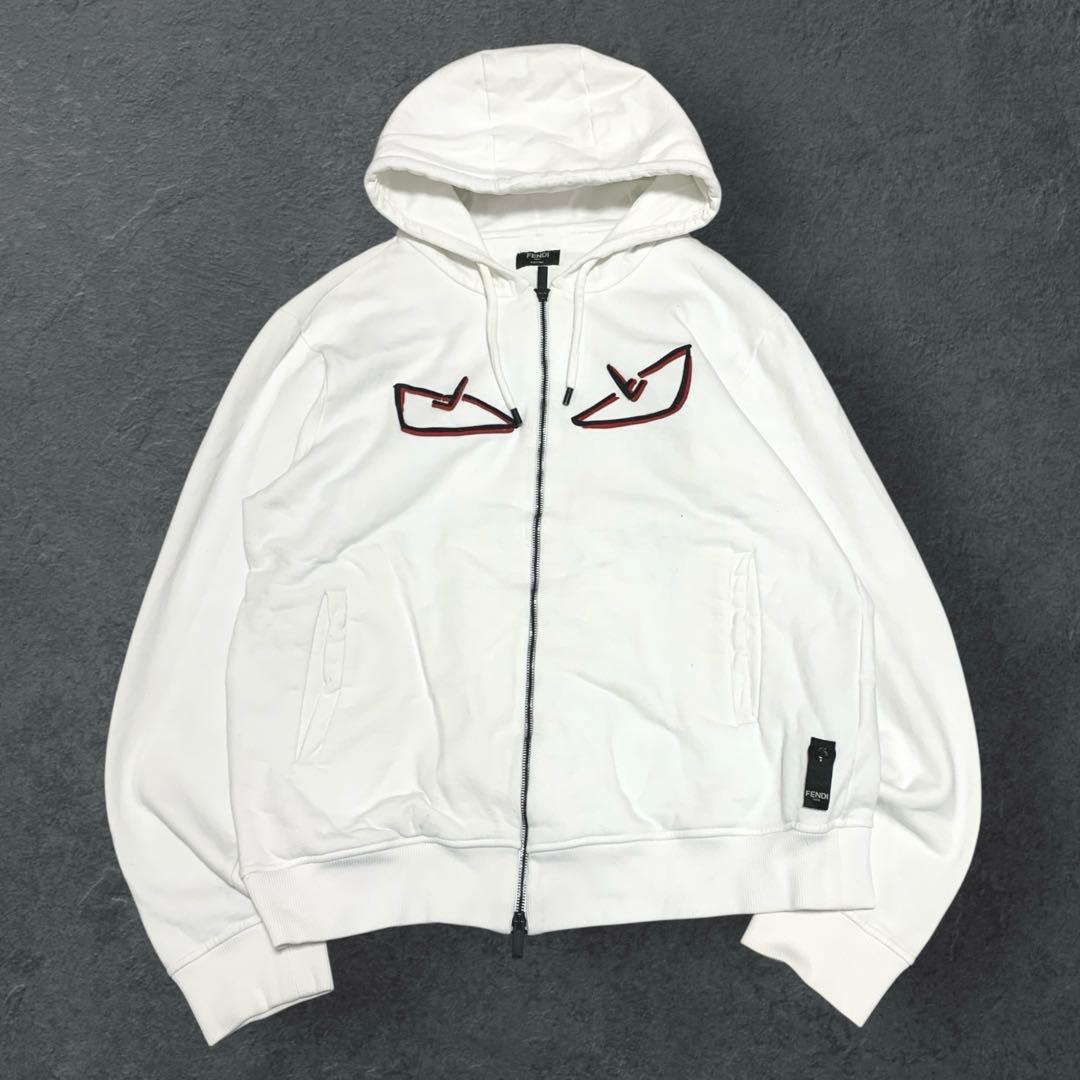 FENDI Monster Bugs Zip-Up Hoodie, White, Size L #QYDB0T