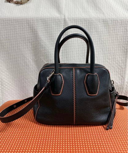 TOD'S Black Leather Handbag Stitch Lines Removable Strap 2-Way #QYD4MV