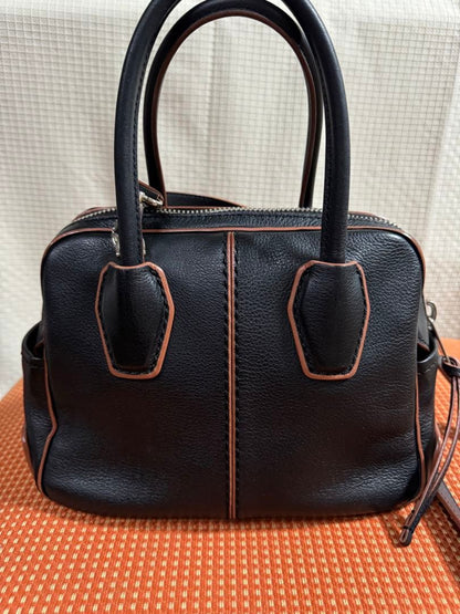 TOD'S Black Leather Handbag Stitch Lines Removable Strap 2-Way #QYD4MV