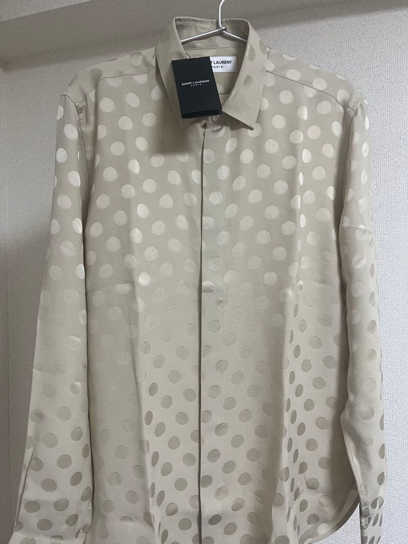 SAINT LAURENT long-sleeved silk shirt, size 36, beige, polka dot pattern #PCI7YF