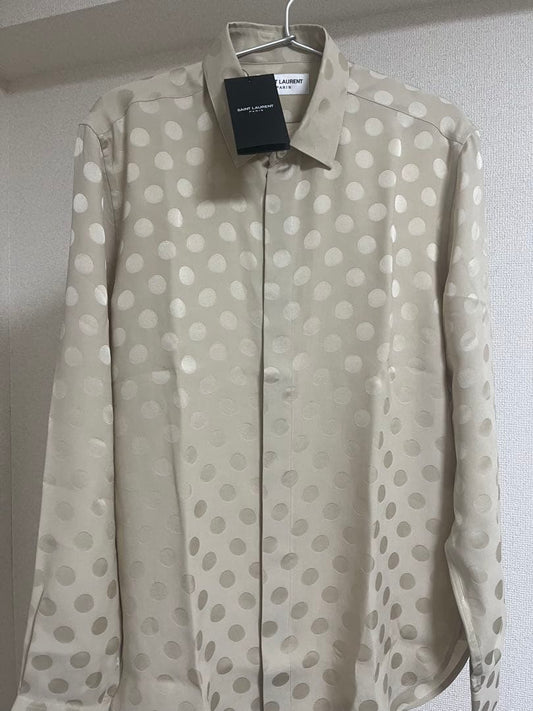 SAINT LAURENT long-sleeved silk shirt, size 36, beige, polka dot pattern #PCI7YF