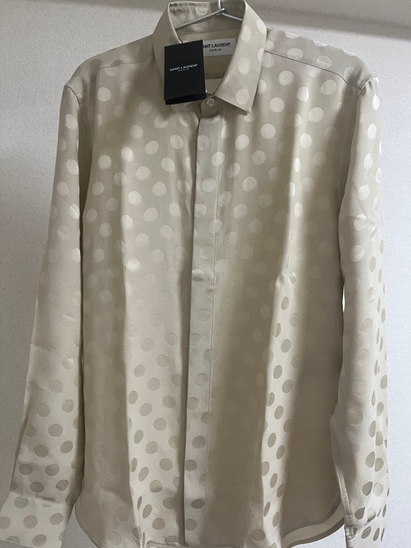 SAINT LAURENT long-sleeved silk shirt, size 36, beige, polka dot pattern #PCI7YF