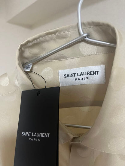 SAINT LAURENT long-sleeved silk shirt, size 36, beige, polka dot pattern #PCI7YF