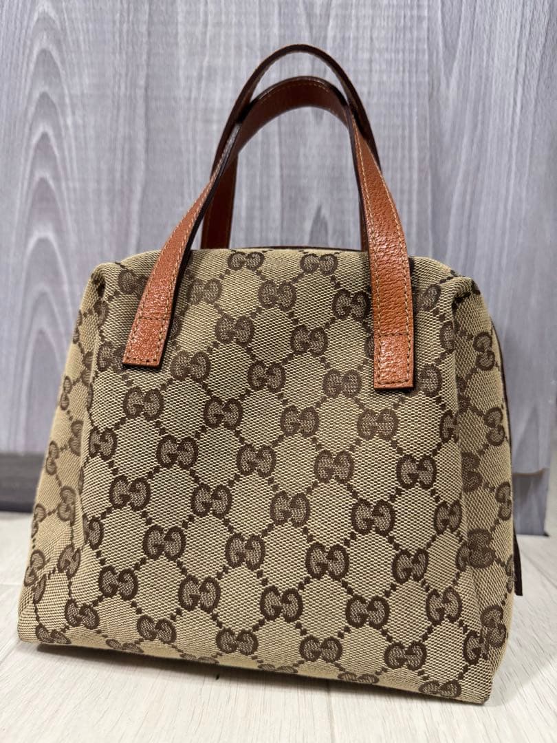GUCCI GG Canvas Mini Handbag Beige Brown Leather Trim Zipper Pull From J #QY1BCH