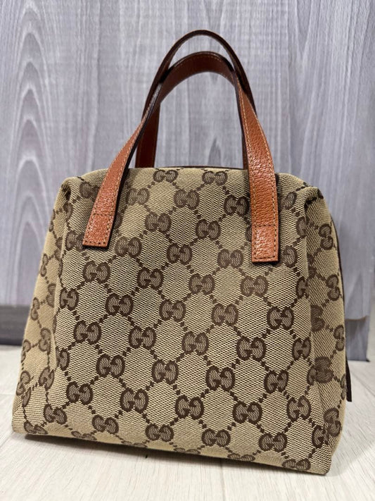 GUCCI GG Canvas Mini Handbag Beige Brown Leather Trim Zipper Pull From J #QY1BCH