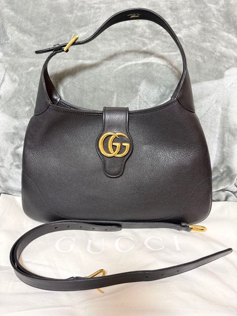GUCCI Jackie Leather Handbag Black Gold GG Logo Tag #QYDIO1