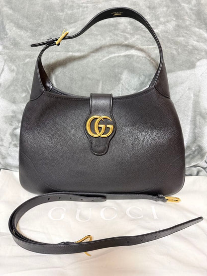 GUCCI Jackie Leather Handbag Black Gold GG Logo Tag #QYDIO1