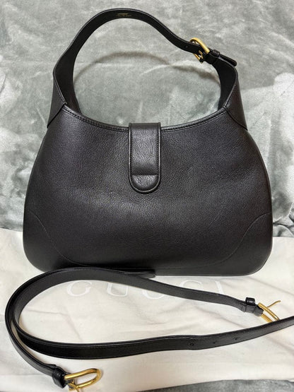 GUCCI Jackie Leather Handbag Black Gold GG Logo Tag #QYDIO1