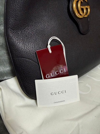 GUCCI Jackie Leather Handbag Black Gold GG Logo Tag #QYDIO1