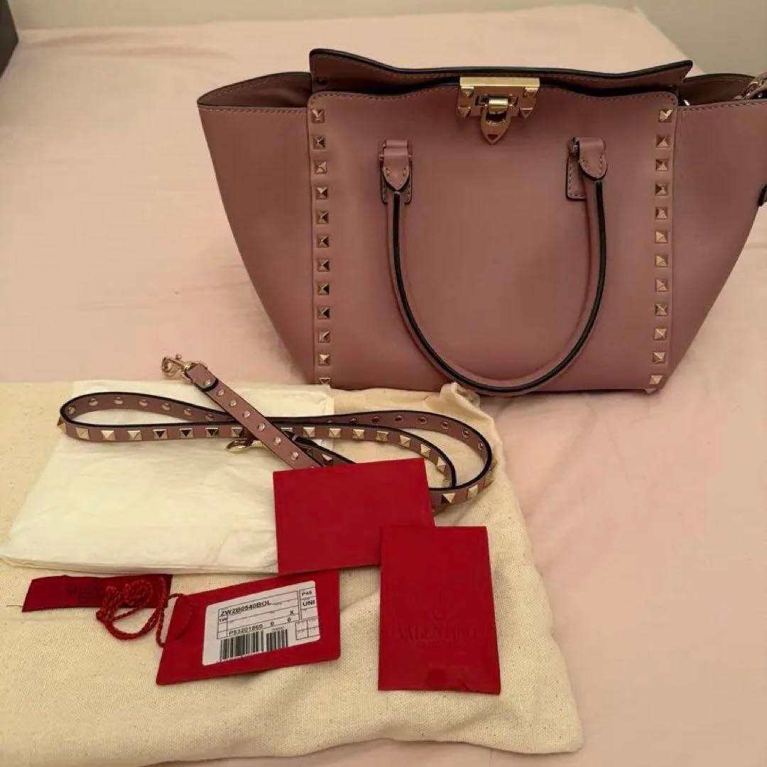 VALENTINO Rockstud Pink Leather 2-WAY Tote Handbag #QY3O5G