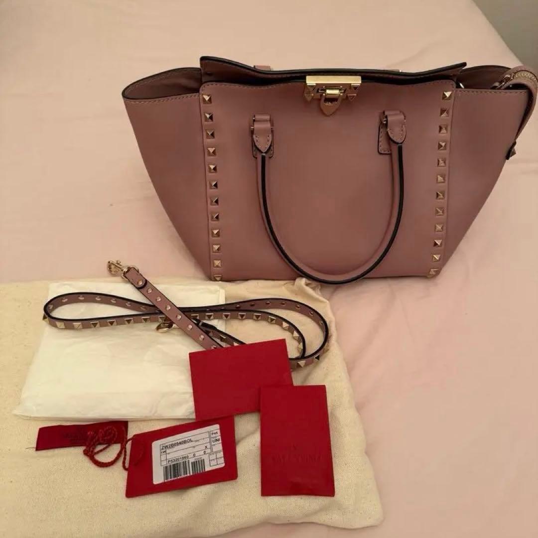 VALENTINO Rockstud Pink Leather 2-WAY Tote Handbag #QY3O5G