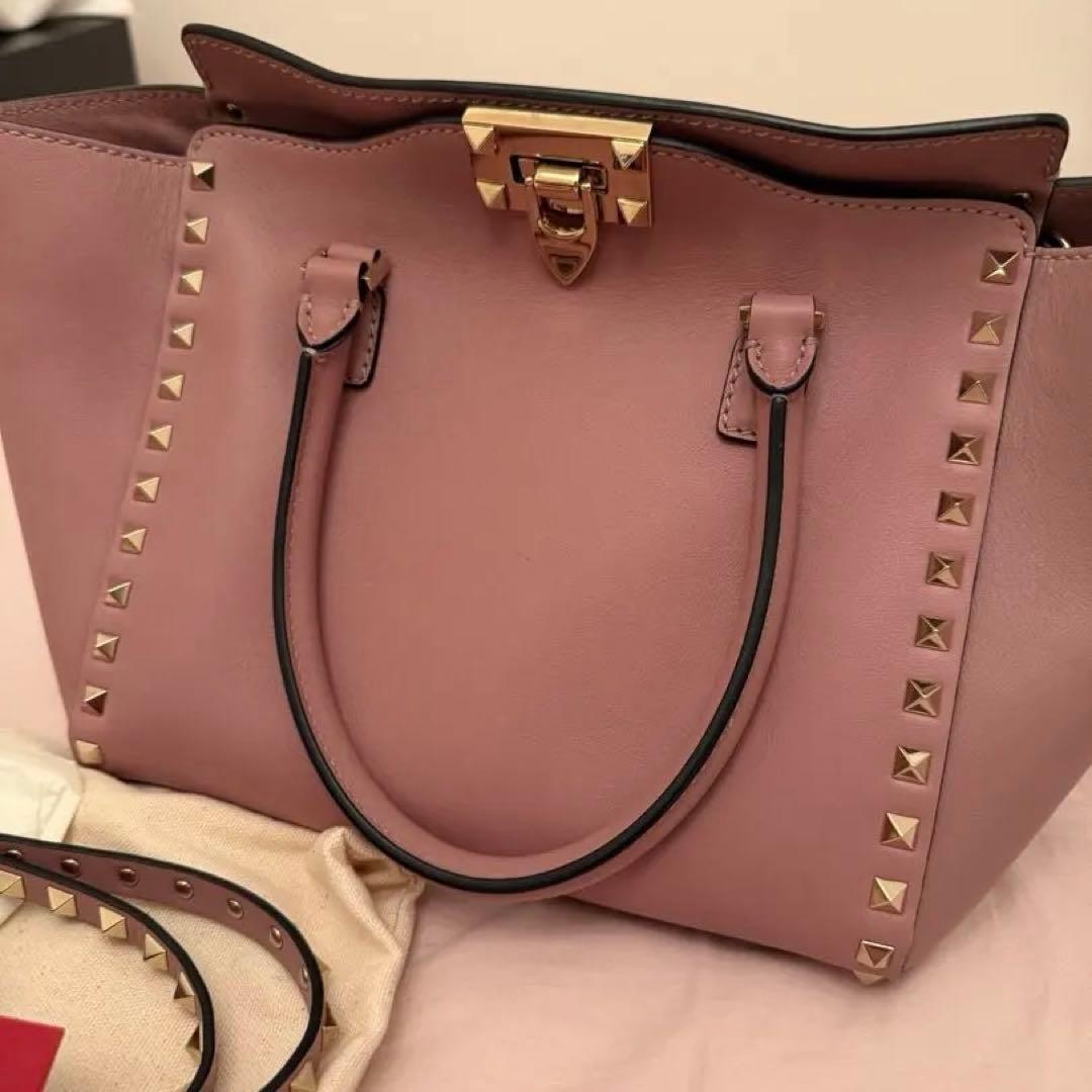 VALENTINO Rockstud Pink Leather 2-WAY Tote Handbag #QY3O5G