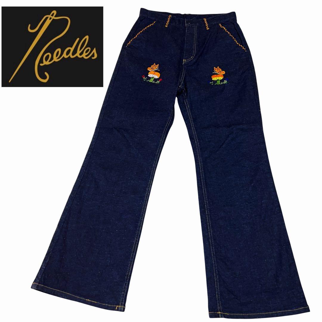 Needles Mushroom Embroidered Bootcut Denim Pants, Size S #PC392E