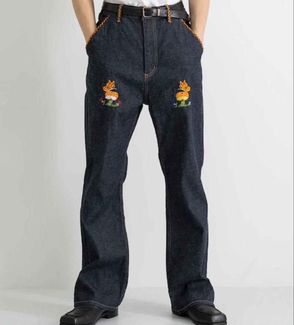 Needles Mushroom Embroidered Bootcut Denim Pants, Size S #PC392E