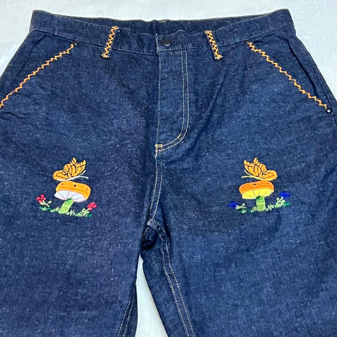 Needles Mushroom Embroidered Bootcut Denim Pants, Size S #PC392E
