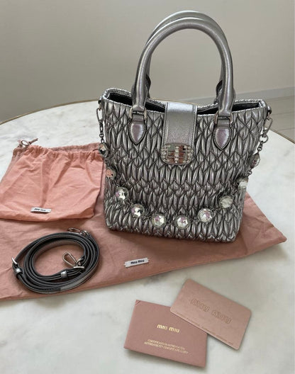MIU MIU Nappa Crystal Tote Bag Silver Lambskin Mint #QY72TN