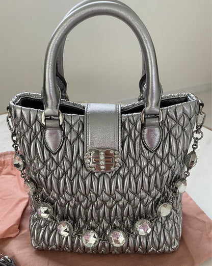 MIU MIU Nappa Crystal Tote Bag Silver Lambskin Mint #QY72TN
