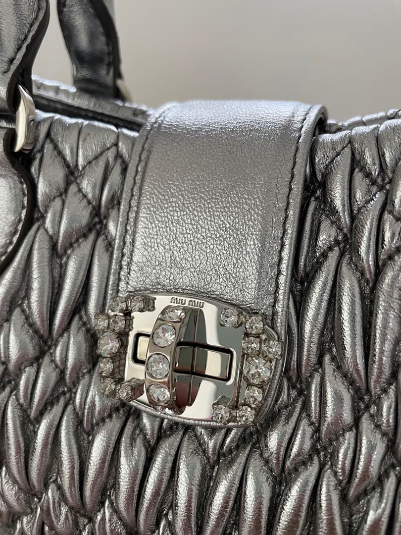 MIU MIU Nappa Crystal Tote Bag Silver Lambskin Mint #QY72TN