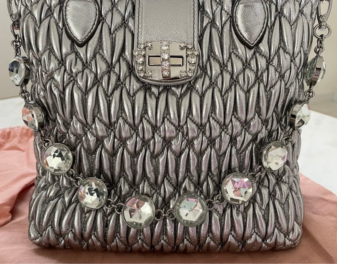 MIU MIU Nappa Crystal Tote Bag Silver Lambskin Mint #QY72TN